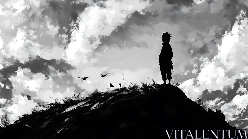 Solitary hilltop dreamer beneath churning monochrome skies.