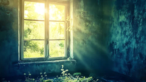 Sunlit window cuts through decayed teal interior wall
