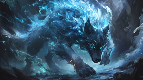 Stormborn frost wolf lunges through ghostly blue wildfire.