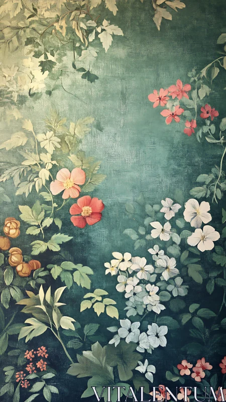 Botanical Floral Study on Aged Teal Ground.