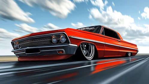 Lowrider muscle car skims desert asphalt in dynamic motion.