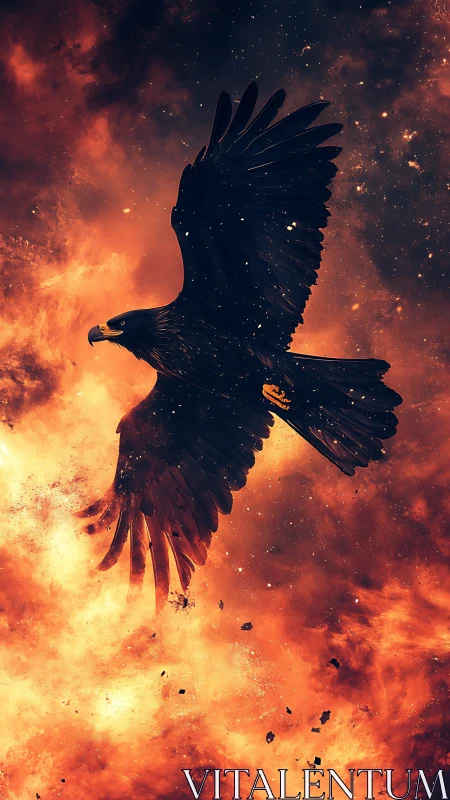 Raptor silhouette cuts through incendiary nebula backdrop