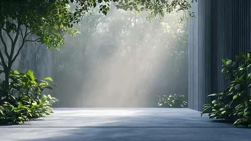 Sunlit concrete terrace bordered by dense green foliage.