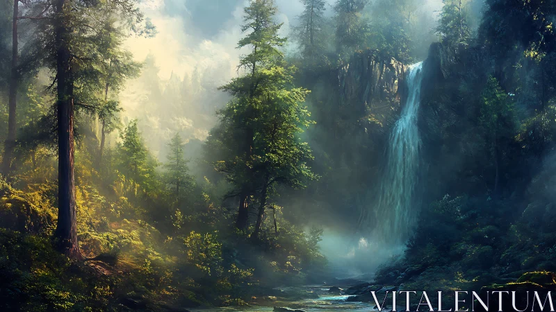 Misty Forest Waterfall - Ethereal Mountain Wilderness Scene