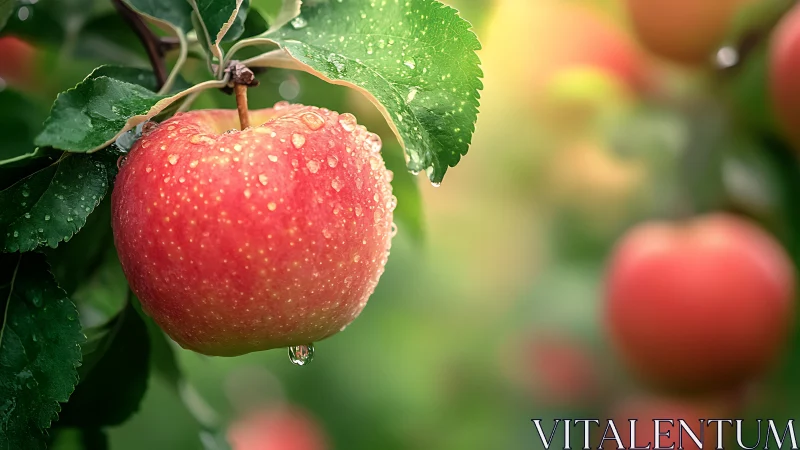 Macro orchard study isolates dewy red apple in soft bokeh field