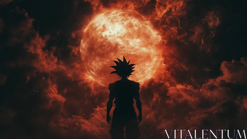 Silhouetted warrior confronts a burning red moon in stormy sky