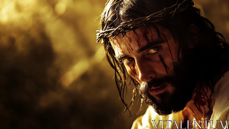 Crowned with thorns, a solemn gaze cuts through golden dusk.