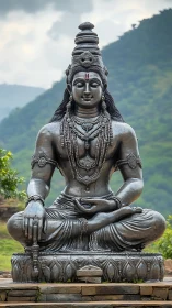 Mountain sanctuary with serene meditative stone deity figure.