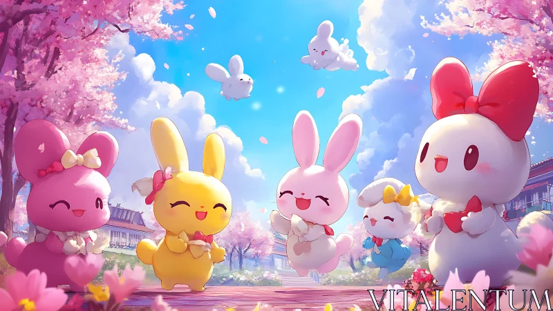 Pastel bunny ensemble under sakura canopy in anime courtyard.