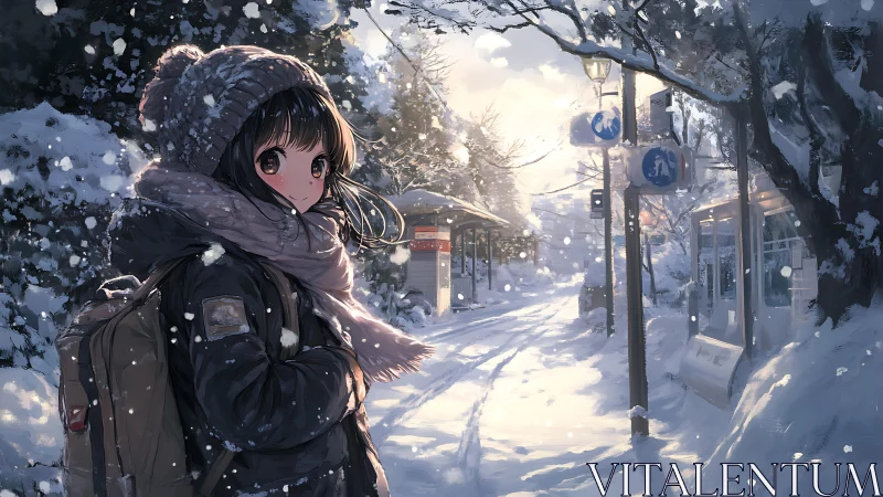 Anime winter streetscape with backpacked girl in snowfall.