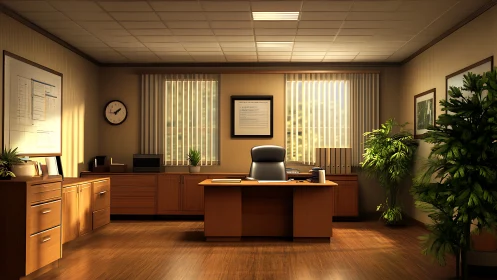 Symmetrical executive office interior with warm wood finishes