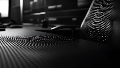 Close-up of textured black office desk and mesh chair