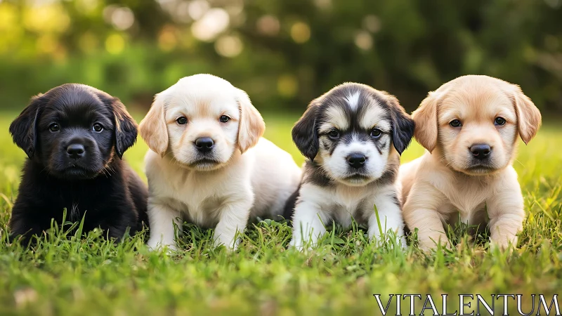 Four tiny lawn inspectors gaze ahead in perfect puppy symmetry