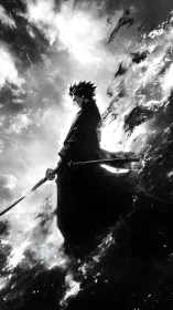 Samurai silhouette in monochrome storm cloud environment.