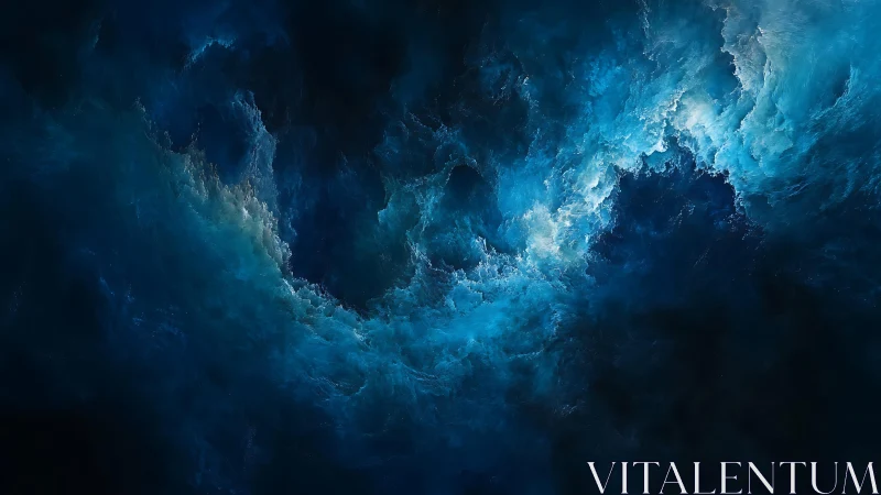 Abstract swirling blue nebula with dark cosmic background.