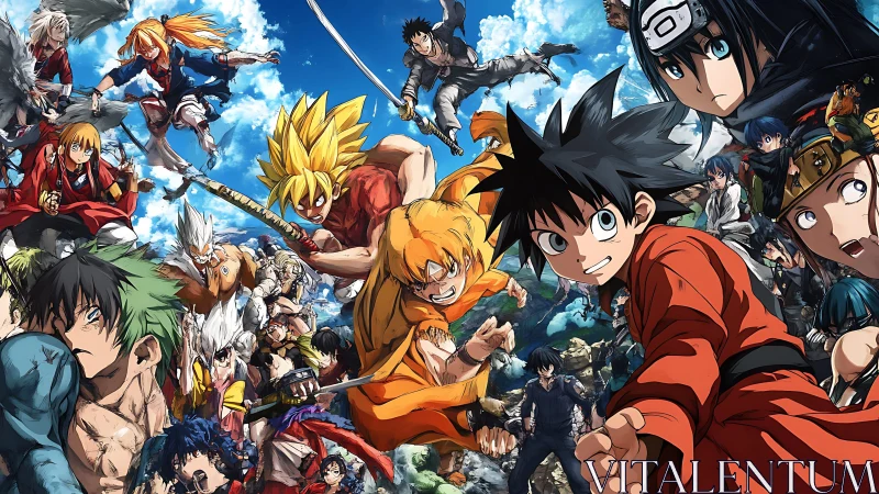 Anime battle scene with multiple heroic fighters.