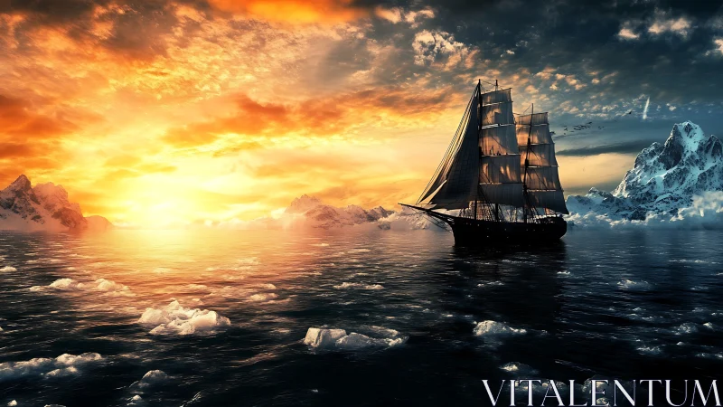 Sailing vessel in polar sea under intense sunset sky.