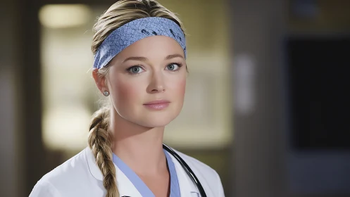 Clinical portrait of young female clinician in soft focus hallway