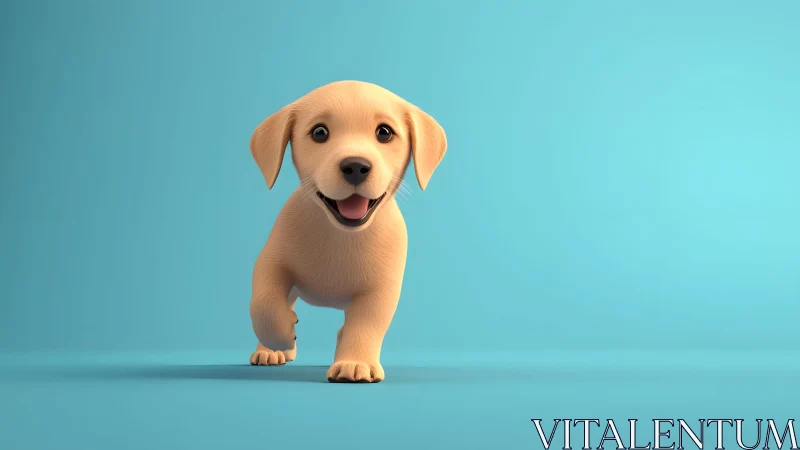 Adorable Cartoon Puppy Walking on Blue Background, Vibrant Style.