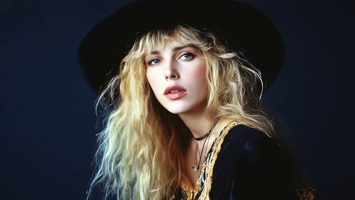 Cinematic portrait of blonde woman in black wide-brim hat.