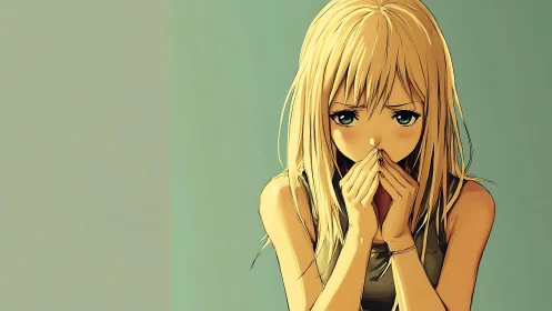 Soft-spoken anime girl cupping fragile worries in silence.