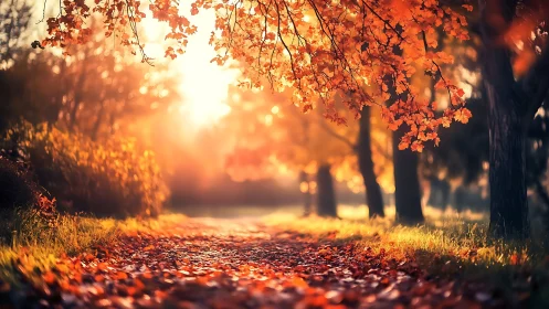 Autumn forest path runs under bright backlit orange foliage