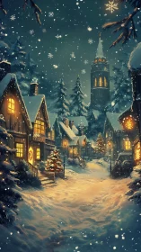 Snowy Christmas village glows warmly under a starry night sky
