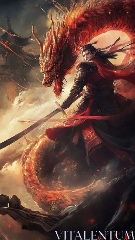 Warrior synchronizes motion with coiled fire dragon amid storm