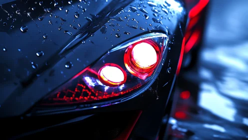 Rain-soaked sports car headlight glows in neon blue contrast