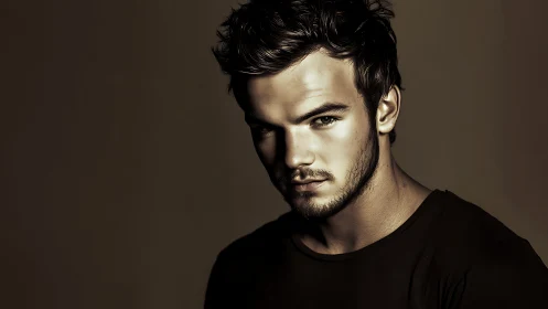 Low-key male portrait with directional rim lighting and vignetting.