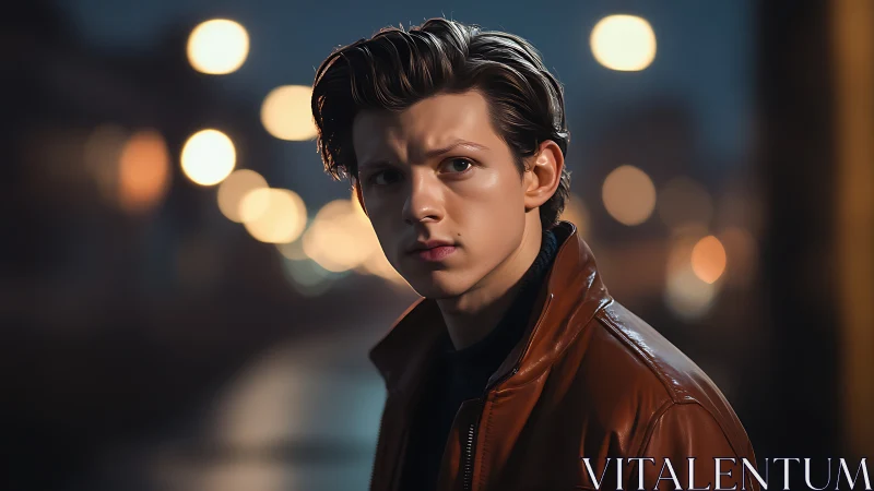 Moody young man in leather jacket under soft city lights.
