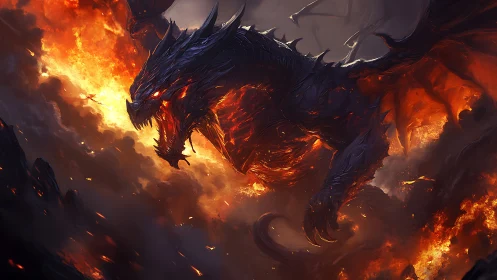Infernal dragon emerges from volcanic storm in dynamic flames
