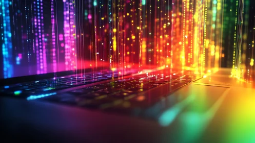 Colorful digital data streams above illuminated laptop keyboard.