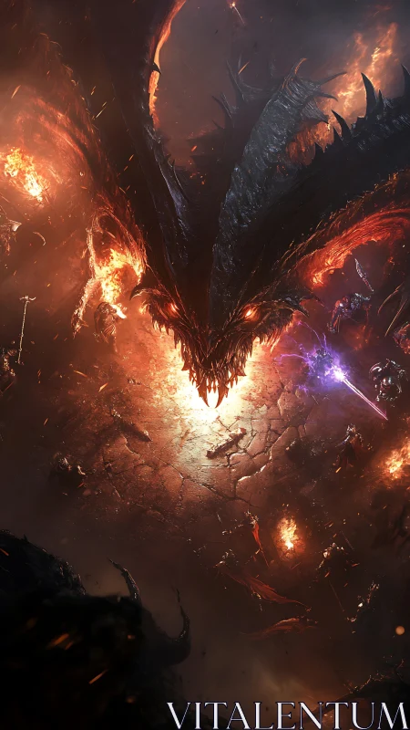Infernal dragon erupts over shattered battlefield in flame