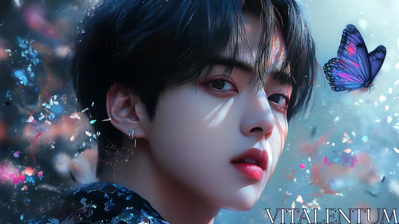 Luminous daydreamer watching a spellbound indigo butterfly.