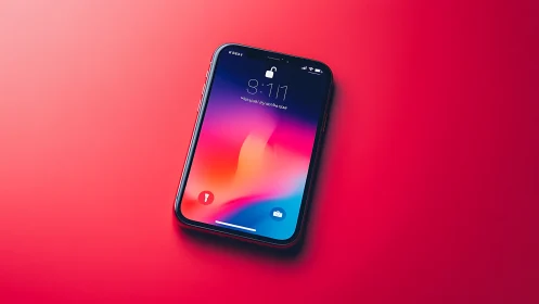 iPhone on vibrant gradient background displaying lock screen.