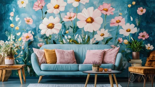 Floral mural framing pastel-toned living room seating arrangement