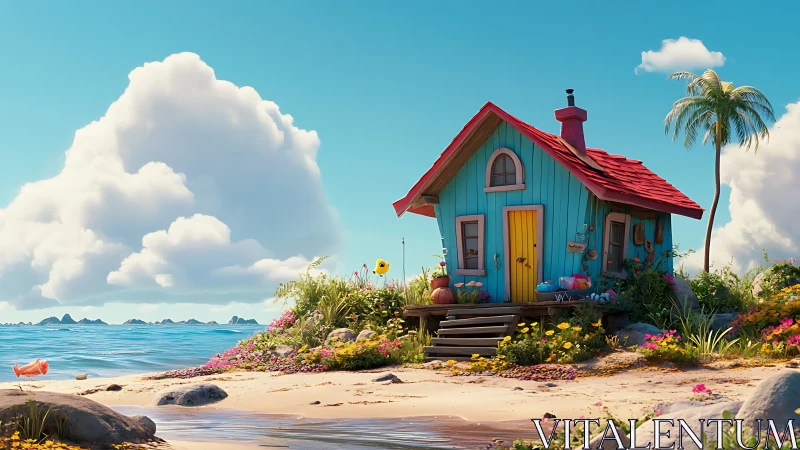 Bright turquoise beach cottage with red roof overlooking tropical ocean