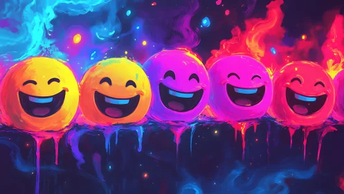 Neon smiley spheres form a dripping, flame edged chromatic band