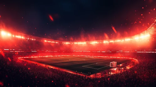Stadium of embered thunder under blazing matchnight sky.
