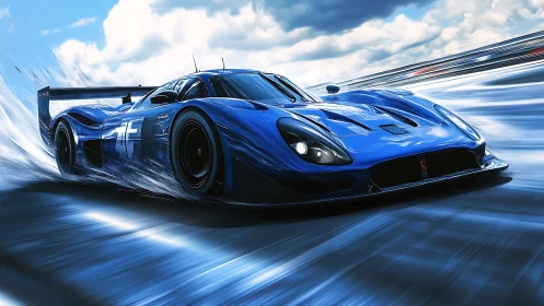 Blue racing prototype car at speed on a wet track.