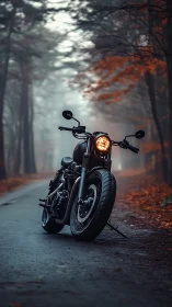 Photorealistic café racer on misted forest roadway at dusk.