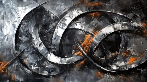 Interlocking Metallic Rings in Abstract Industrial Style Painting.