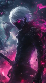 Masked cyber ninja ignites neon energy in a dark storm.