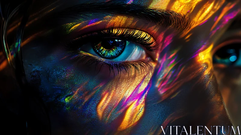 Iridescent close up of human eye with vivid light patterns.