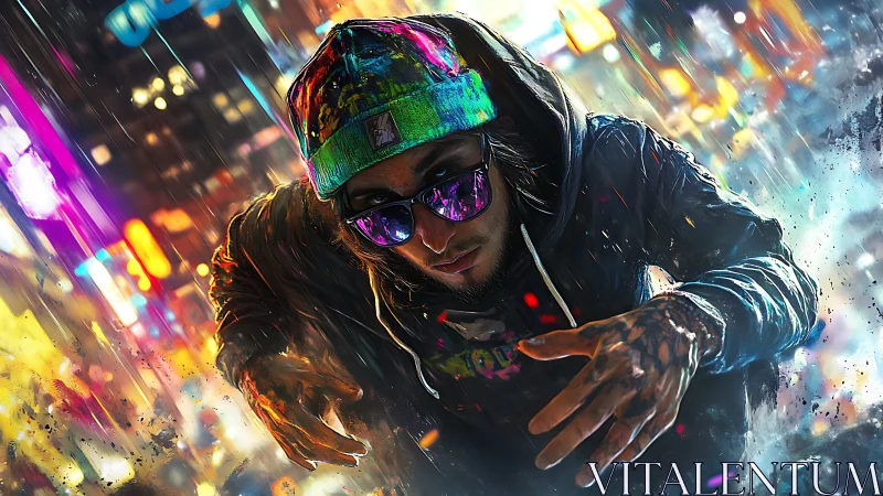 Cyberpunk street runner in neon-saturated urban vortex.