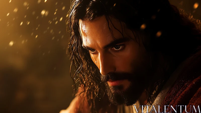 Bearded man with wet hair in warm cinematic lighting.