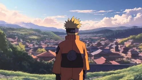 Figure in orange clothing observes a terraced village landscape