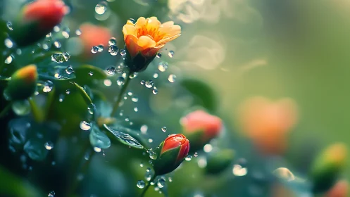 Golden Bloom with Water Droplets. Macro garden scene.