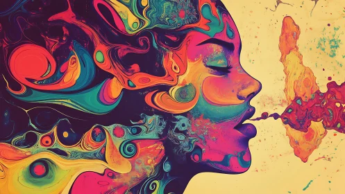 Chromatic female profile dissolving into swirling neon vapor.